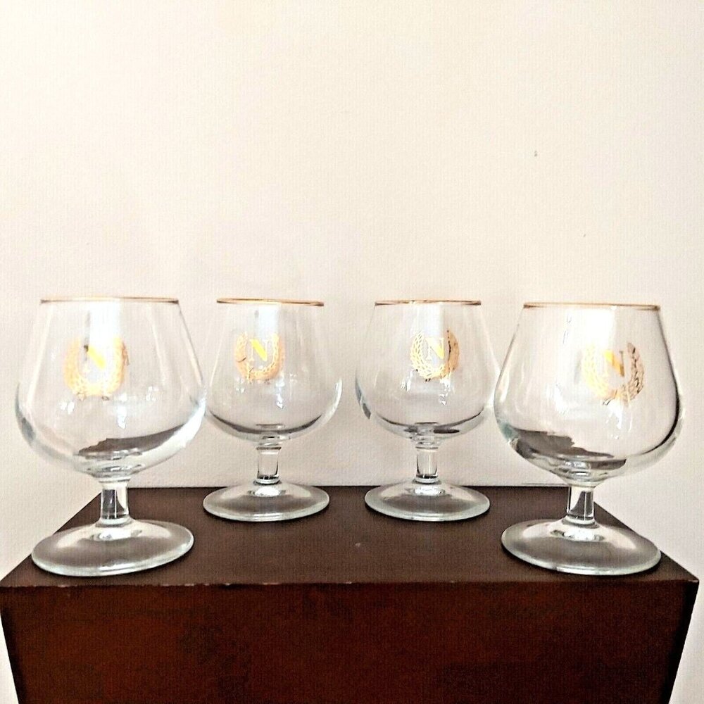 Brandy Glasses Gold Napoleon N & Wreath Snifters Cordial Set of 4 Vintage